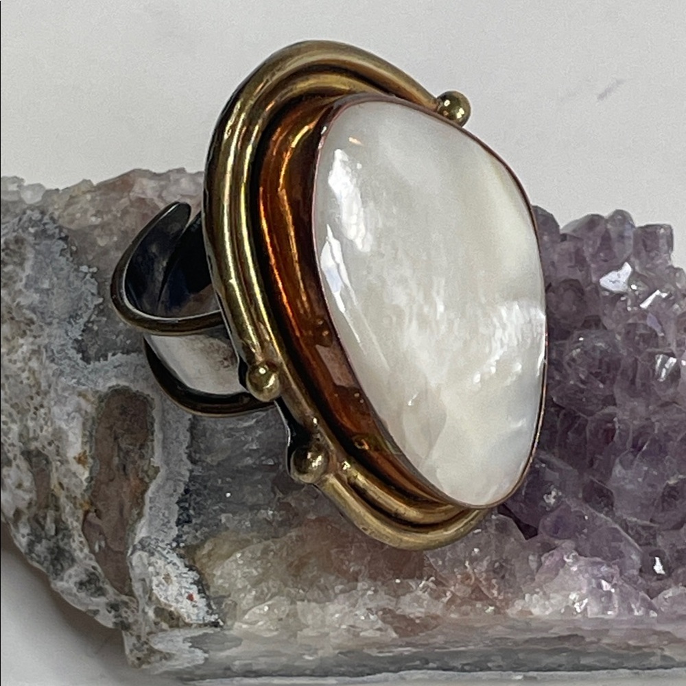 Mother of Pearl Multi-Layer Copper Silver Bezel Artisan Handcrafted Ring